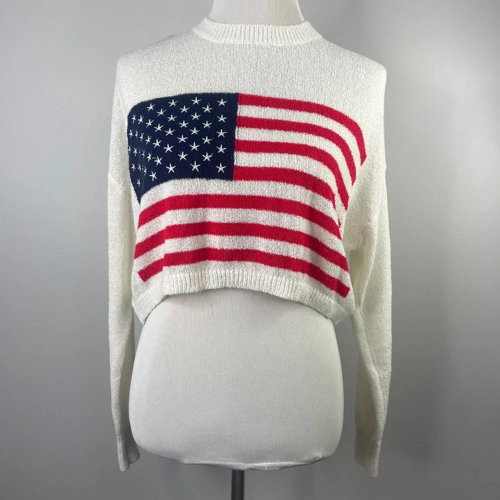 Altar'd State American Flag Cropped Sweater Small White Knit Patriotic JT2024-28 - Picture 4 of 12